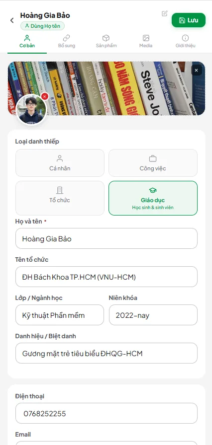 Giao diện chỉnh sửa danh thiếp