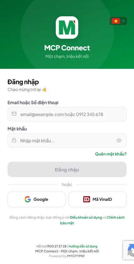 Màn hình đăng nhập MCP Connect
