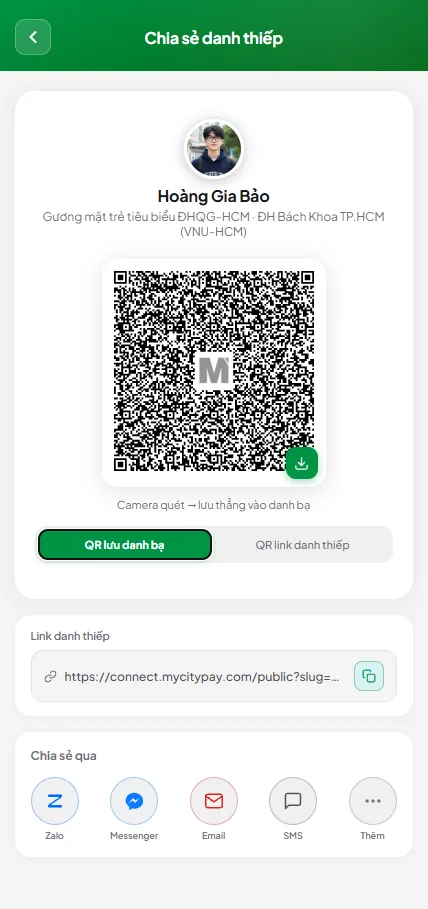 Giao diện lưu danh bạ vCard