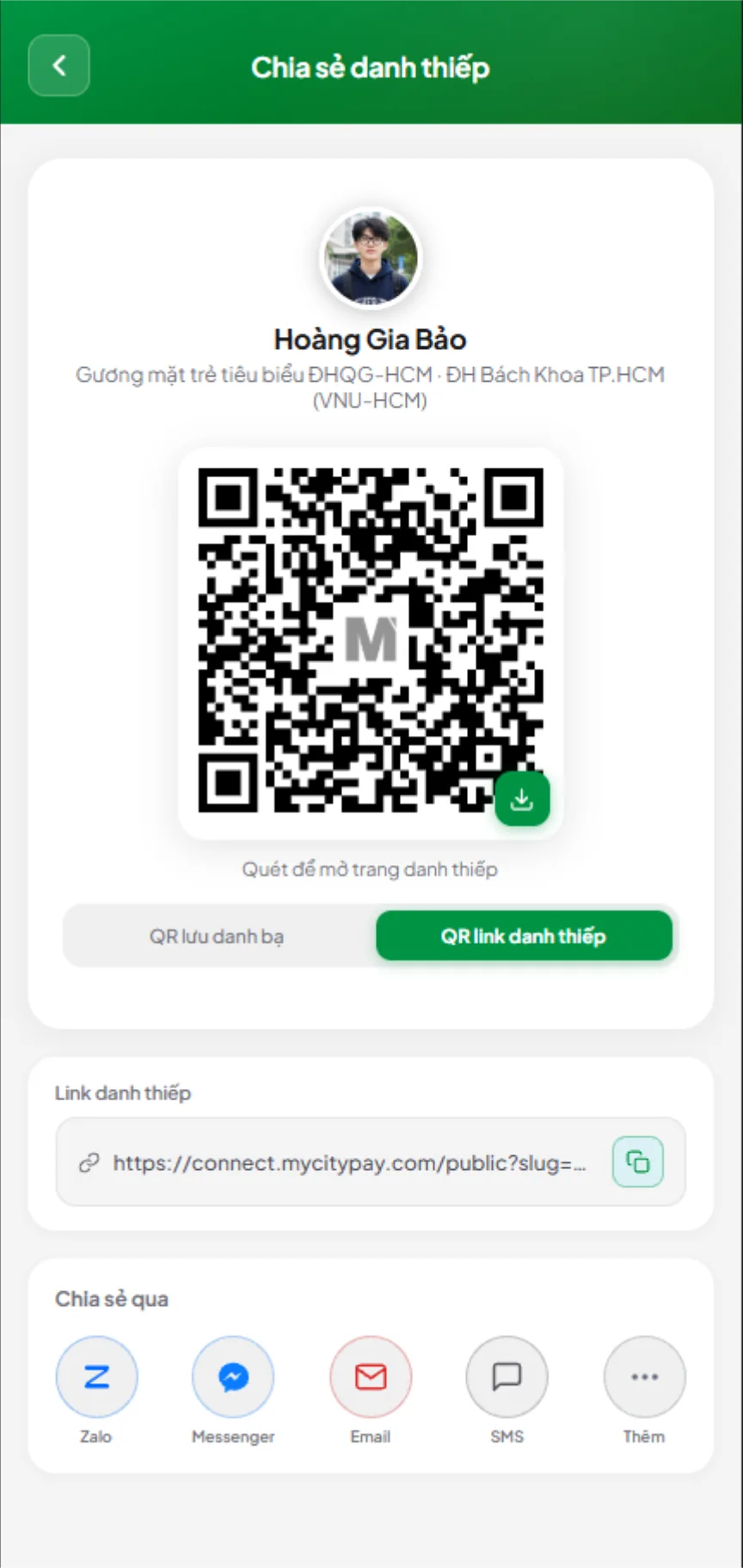 Màn hình chia sẻ mã QR